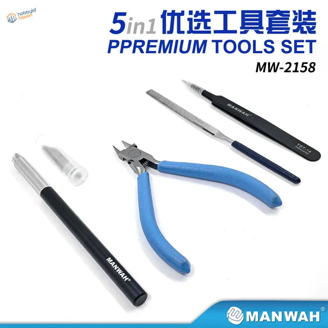 Blue-handled precision pliers and manwah tool in 5-in-1 premium craft tools