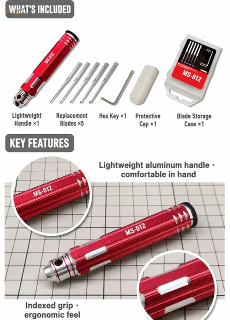 Red aluminum handle professional scriber ms-012 with indexed grip and silver accents for panel lines and scale modeling tools