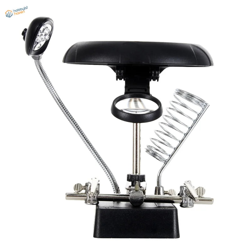 Black and silver LED magnifying glass soldering station with clamps holder