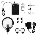 Black and silver LED magnifying glass with clamps, flexible light, lenses
