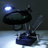 Black LED magnifying glass with clamps on metal stand
