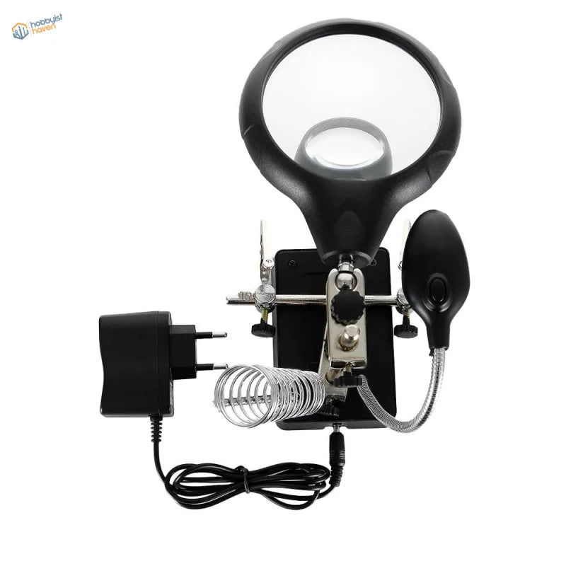 Black LED magnifying glass with clamps, adjustable focus, sturdy metal base