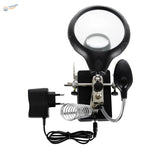 Black LED magnifying glass with clamps, adjustable focus, sturdy metal base