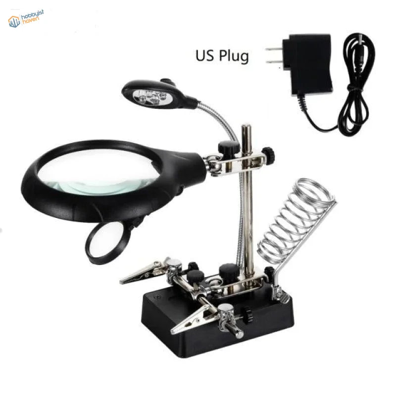 Black LED magnifying glass with clamps, soldering holder and adjustable stand