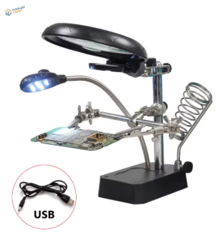 Black LED magnifying glass with clamps on metal stand for soldering