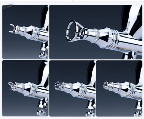Chrome-finished airbrush nozzle with interchangeable tips on 5 Models Airbrush Crown Caps