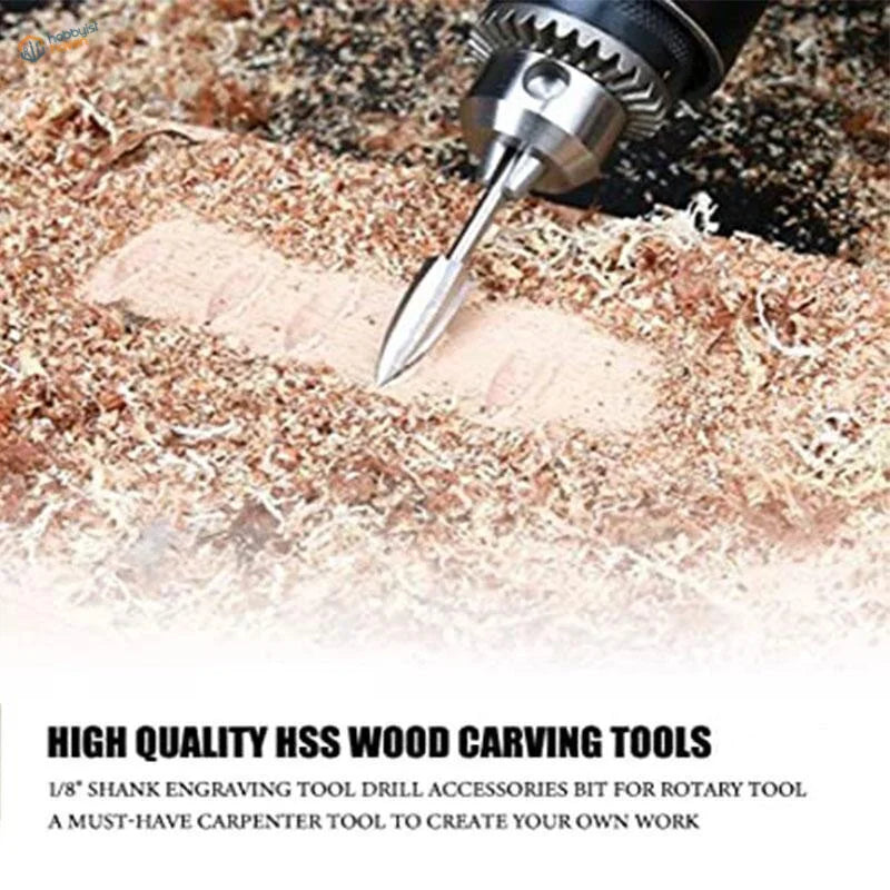 Sleek 1/8 inch shank solid carbide drill bit from 5 pcs wood carving set in use