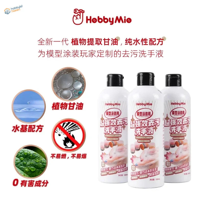 Three Hebbymie 500ml hand wash bottles for model paints