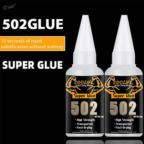 Two white plastic bottles of 502 super glue with black and gold labels containing 20g transparent adhesive for scale modeling tools