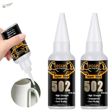 White plastic bottle of loolifl super glue 502 with black and gold label and pointed nozzle for precise scale modeling tools use