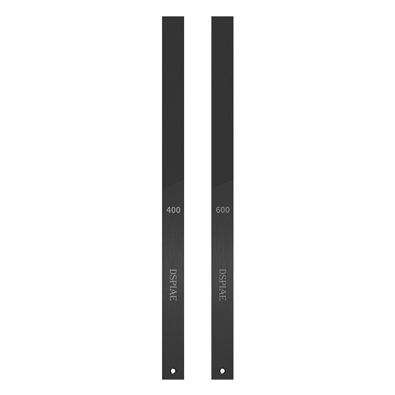 Two sleek matte black DSPIAE AT-FX DLC coated stainless steel strips with engravings