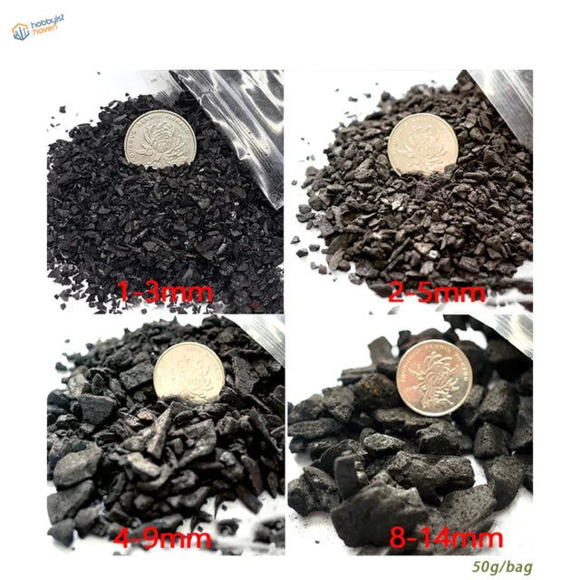 Black activated carbon miniature rocks in 50g bags, 1-3mm to 8-14mm for scale modeling