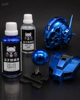 Shiny metallic blue gundam model parts displayed with 50ml electroplated color paint bottles for modeling tools use