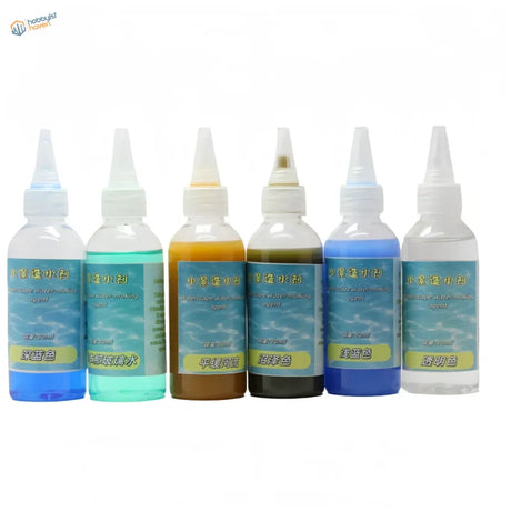 Six 50ml water effect gel bottles in 6 shades: blue, teal, amber, brown, light blue, clear