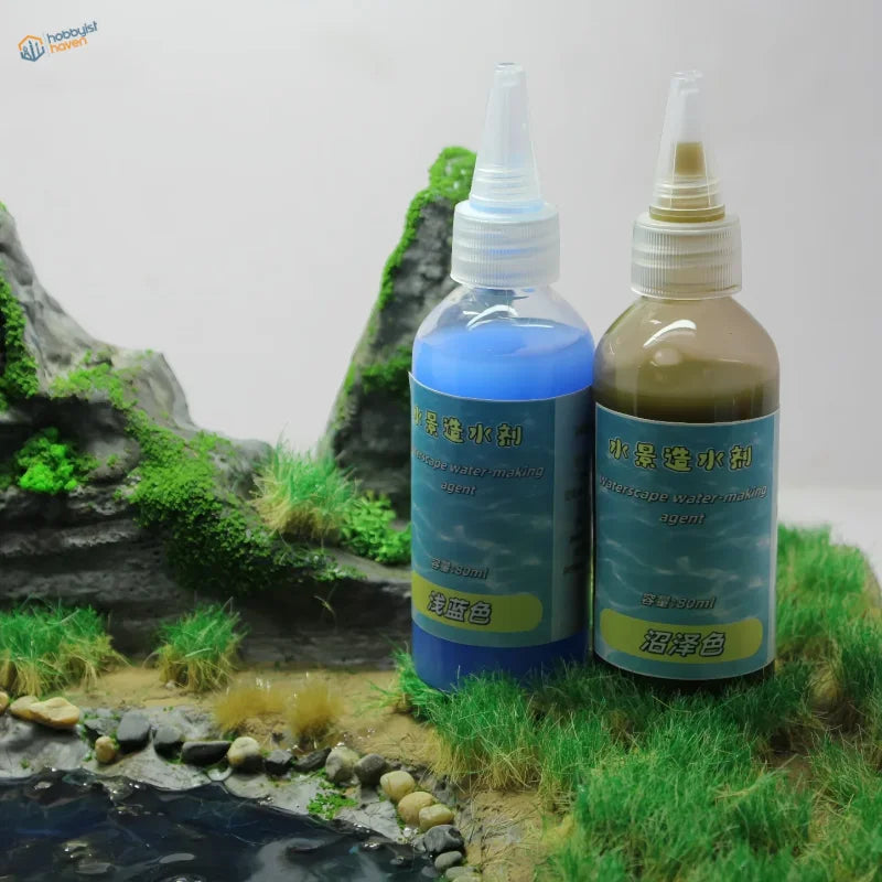 Two 50ml water effect gel bottles: light blue and swamp color waterscape agent