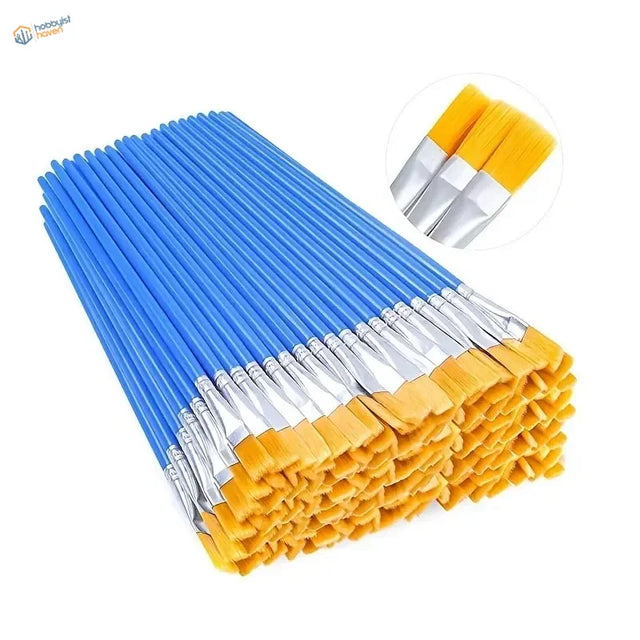 50pcs disposable flat brushes with blue handles, yellow bristles, silver ferrules