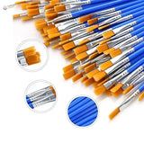 50pcs disposable flat brushes with blue handles, orange bristles, silver ferrules