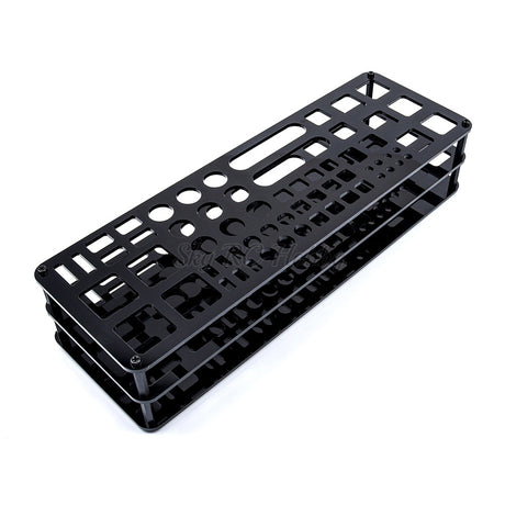 Black aluminum holding shelf with 63 holes for scale modeling tools organized