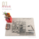 Gray plastic model kit parts laid on a grid cutting mat showcasing hobby mio scale modeling tools for model building tools organization