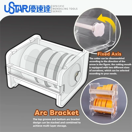 Clear plastic ustar tape dispenser with white handle and adjustable serrated blades for precise masking tape cutting