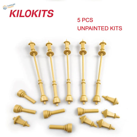 Five unpainted beige plastic single head street lamps by kilokits for scale modeling tools and model building tools
