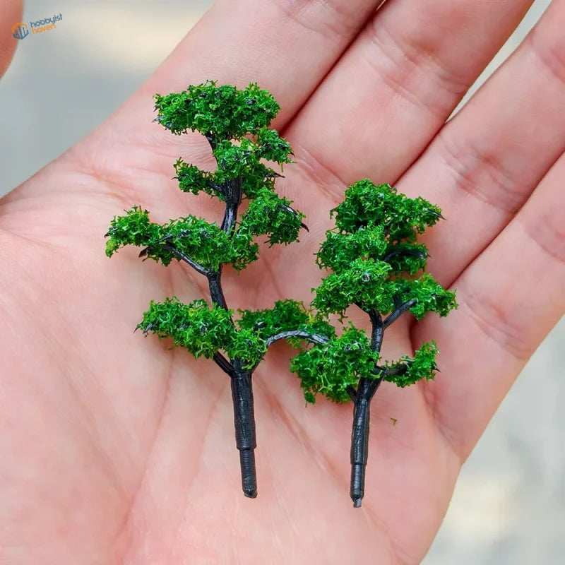 Two 40-120mm miniature trees with green foliage, black stems for scale modeling tools