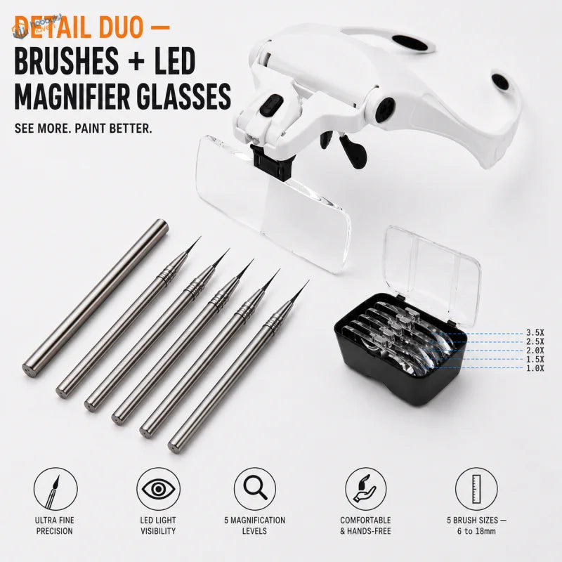 Detail Duo bundle: 5 ultra-fine liner brushes with the LED headband magnifier glasses and its 5 interchangeable lenses