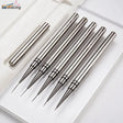 5 ultra-fine liner brushes laid out with their protective cap, showing the needle-fine bristle tips