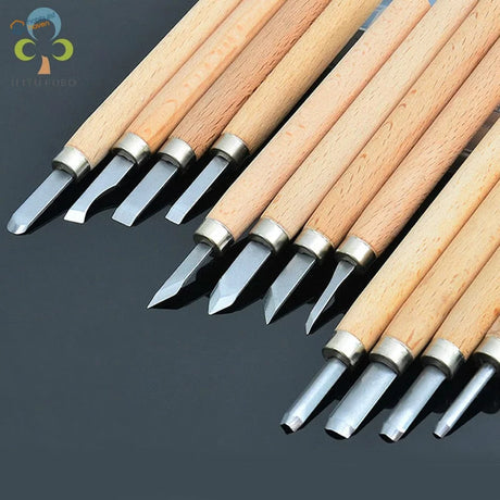 Professional wood carving chisel set with wooden handles, metal blades