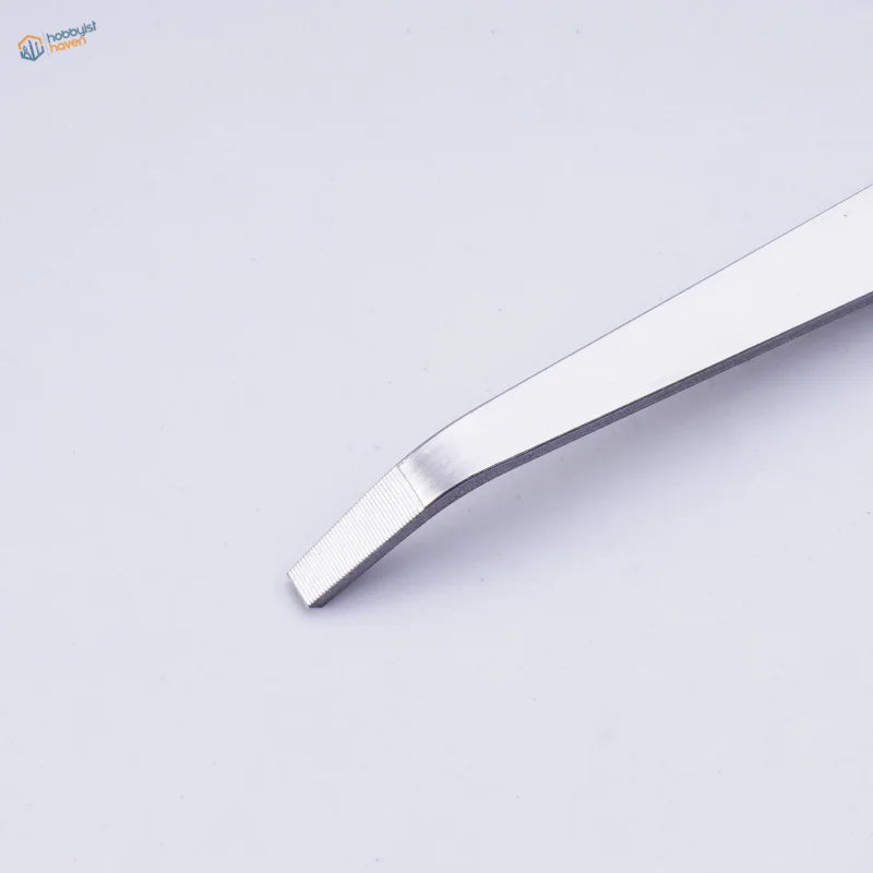 Silver-toned precision angled file tweezers with curved flat tip