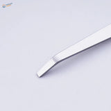 Silver-toned precision angled file tweezers with curved flat tip