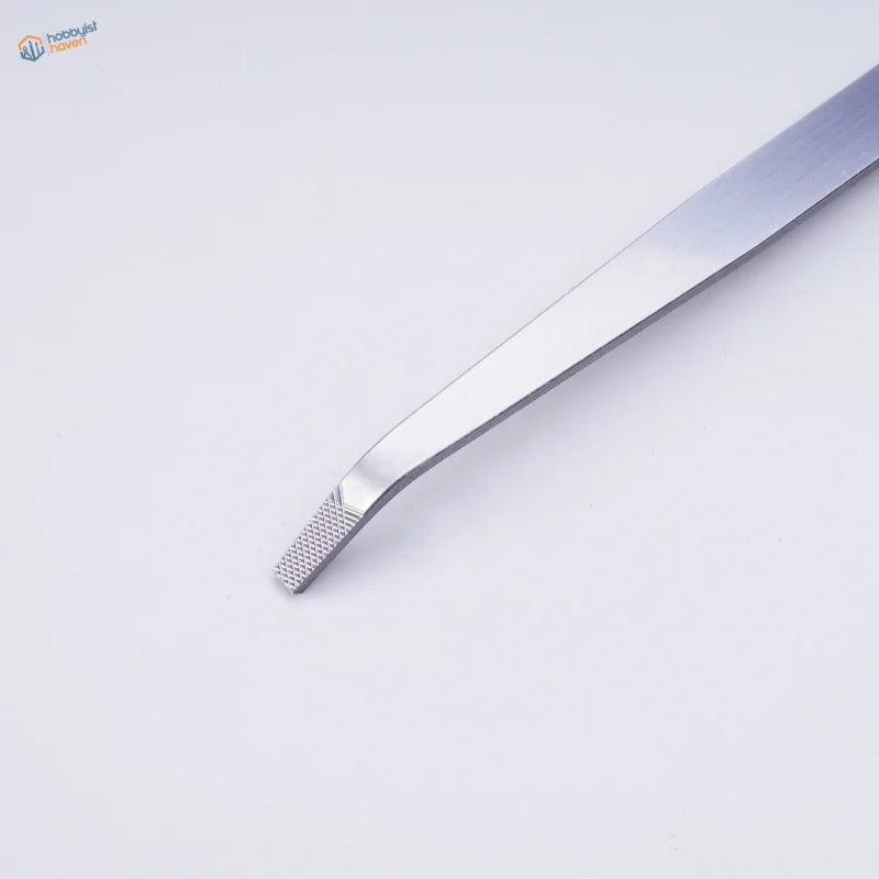 Silver-toned precision angled file tweezers with textured grip