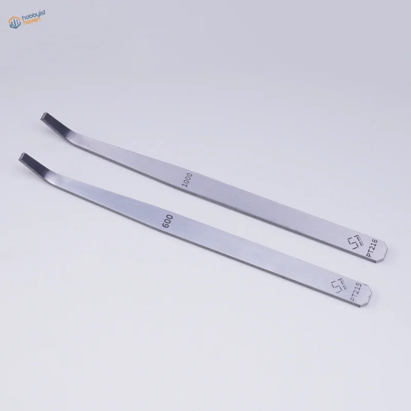 Silver curved-tip tweezers on 600#/1000# precision angled file