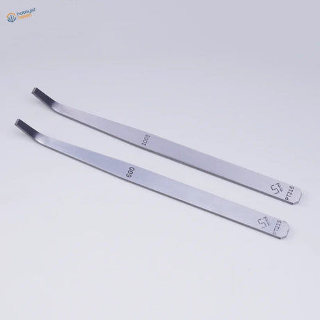 Silver curved-tip tweezers on 600#/1000# precision angled file