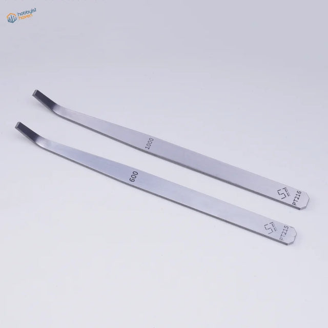 Silver curved-tip tweezers on 600#/1000# precision angled file