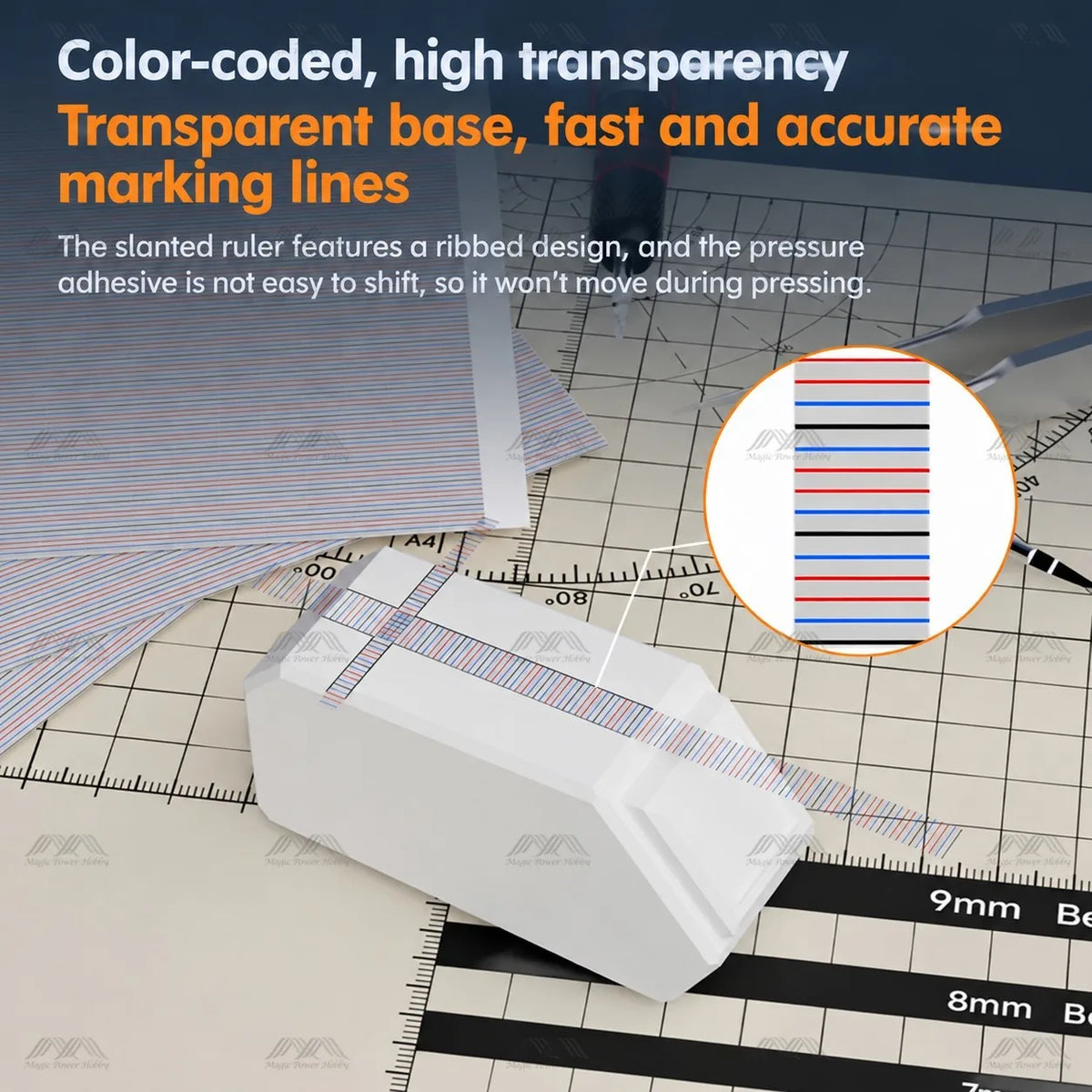 Transparent scribing tape with color-coded measuring lines stuck on a white curved model part