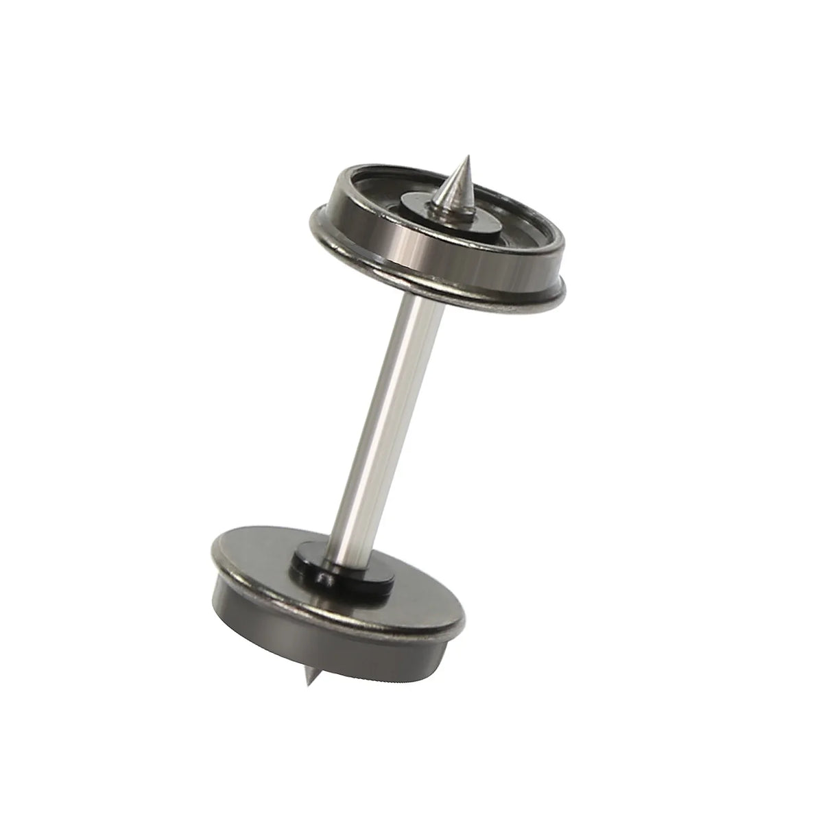 Black metal dumbbell-shaped pin with sharp spikes used with 1/87 HO scale metal train wheels for metal train models