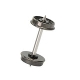 Black metal dumbbell-shaped pin with sharp spikes used with 1/87 HO scale metal train wheels for metal train models