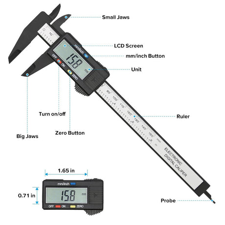 150mm digital caliper black with mm LCD and metric imperial scales
