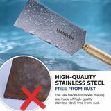 Manwah 0.3mm ultra-thin stainless steel saw with a gold-colored handle and shiny stainless blade for scale modeling tools