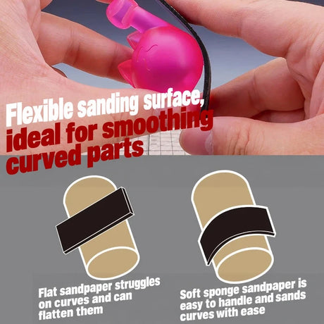 Thin sanding sponge strip bending around a curved pink model part held in hand