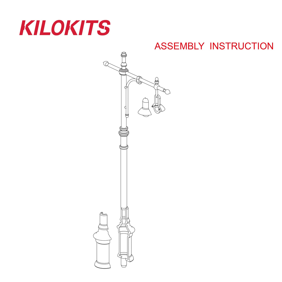 Kilokits assembly instruction diagram for vintage-style 5pcs 1/35 miniature street lamps with articulated arms and finials for model building tools