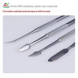 Close-up of four stainless steel carving blade heads in different shapes