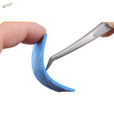 Blue sanding sponge from 6x5pcs set held by fingers and tweezers