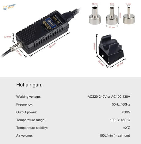 700W hot air soldering station black gun with temp control nozzles