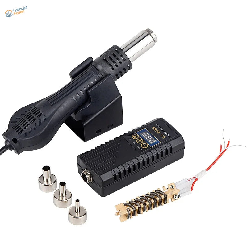 700W hot air soldering station with black heat gun and silver nozzles