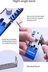 Blue and silver manwah right-angle metal bending tool with precision teeth for shaping etched metal pieces for scale modeling tools