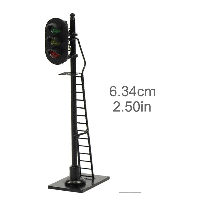 Black metal model railroad signal post with green yellow and red lights for ho scale railway block signals set