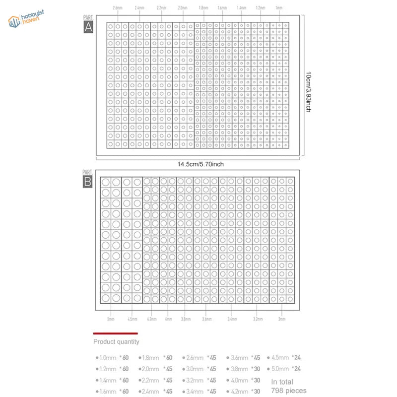 White grid measuring chart for 798pcs Hobby Mio pre-cut mask circles