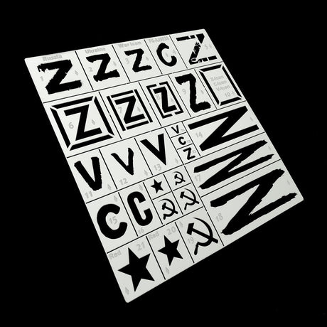 1/35 white plastic stencil with Russian invasion markings, Cyrillic, hammer-sickle